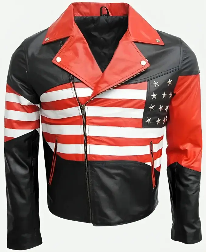USA American Flag Leather Biker Motorcycle Jacket