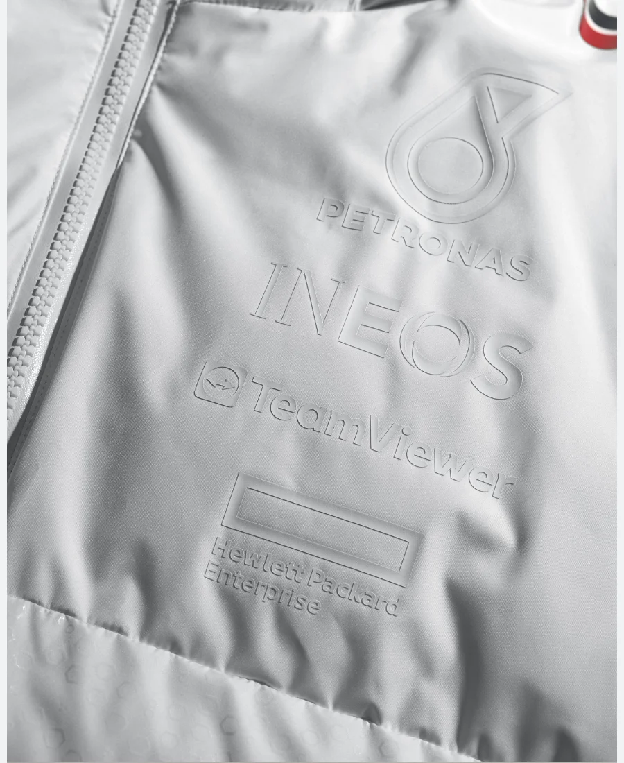 Mercedes AMG Petronas White Puffer Jacket Close Up Image