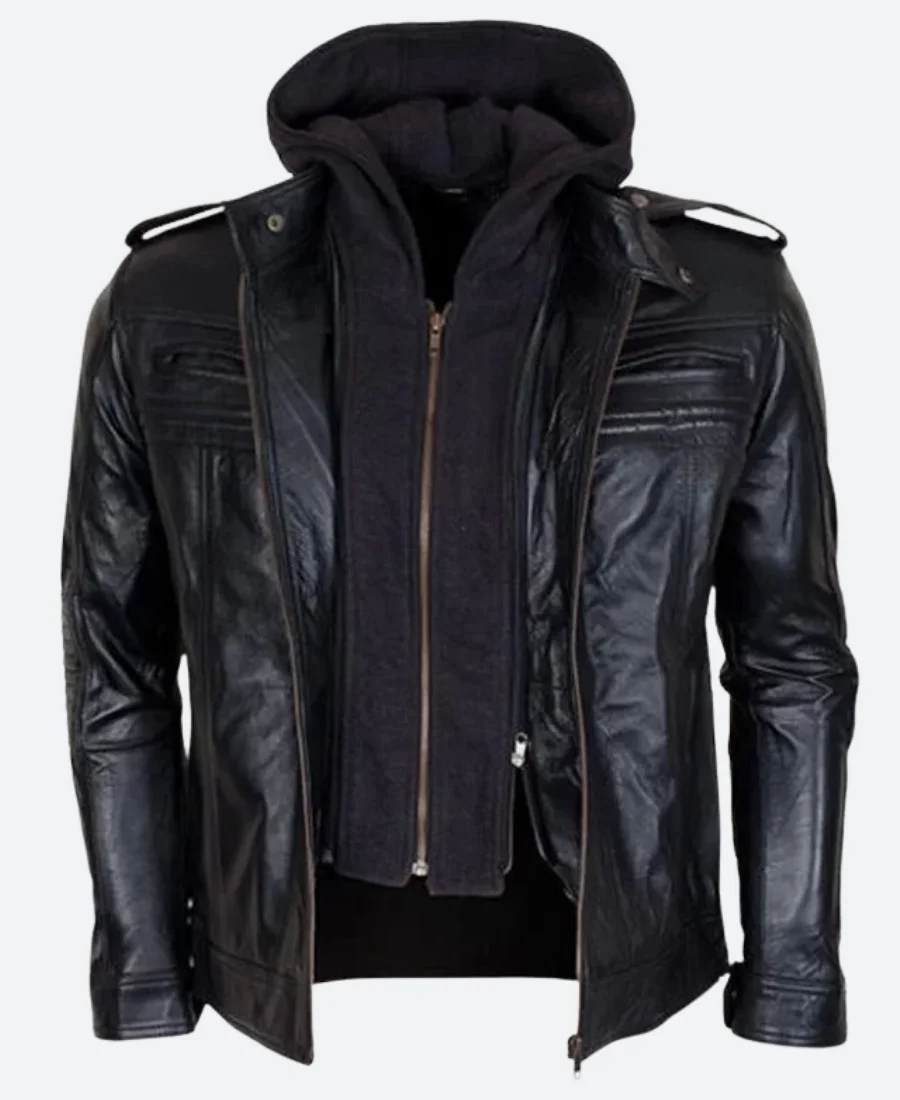 WWE Wrestlers AJ Style Hooded Leather Jacket Front Image