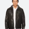 Classic Black Leather Jacket With Hood FrontImage