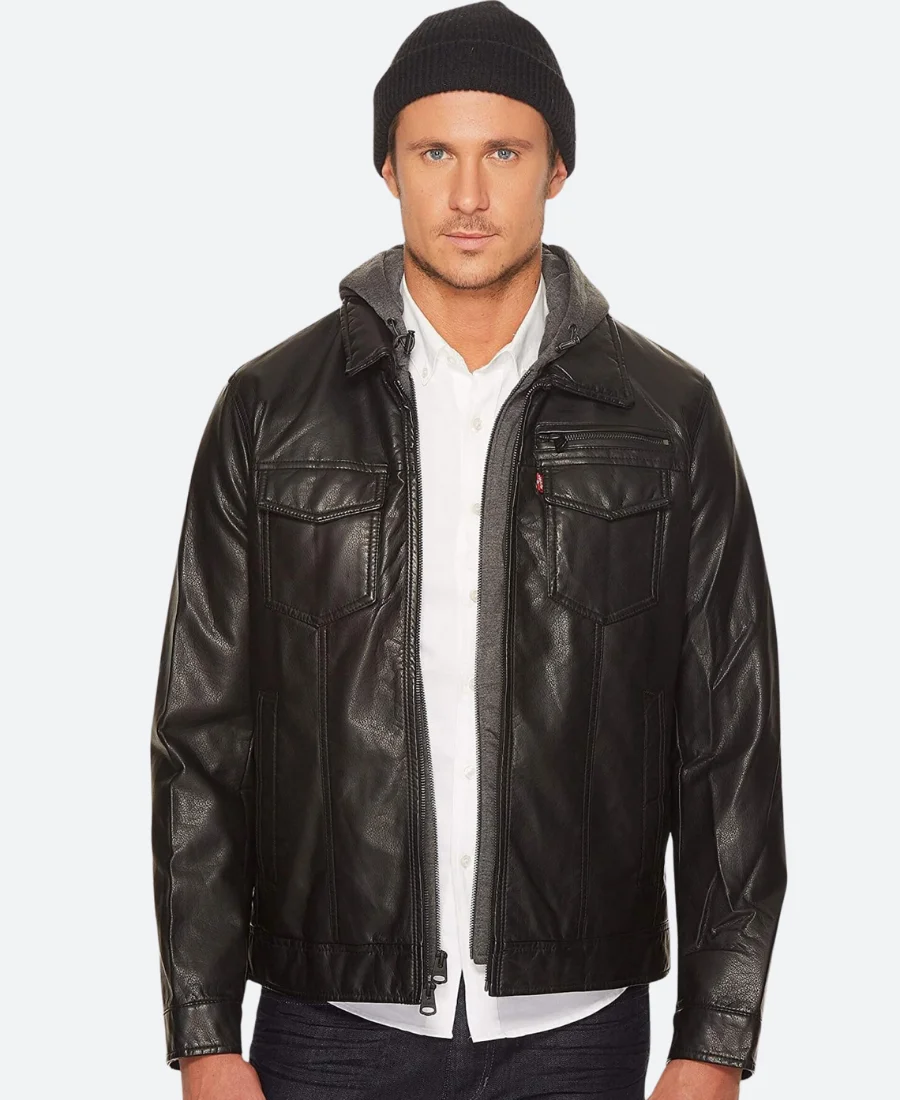 Classic Black Leather Jacket With Hood FrontImage