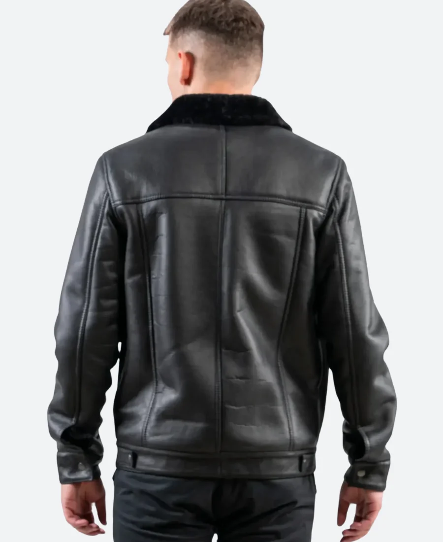 Classic Black Leather Shearling Trucker Jacket Baclk image