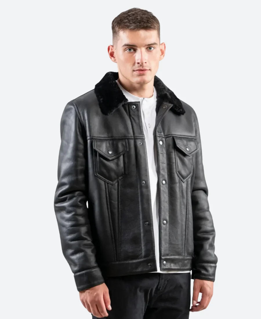 Classic Black Leather Shearling Trucker Jacket Front Image
