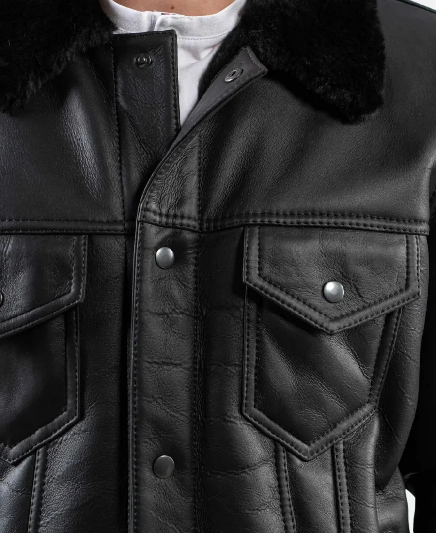 Classic Black Leather Shearling Trucker Jacket