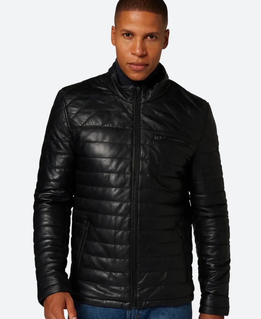 Classic Black Quilted Leather Jacket Front Image