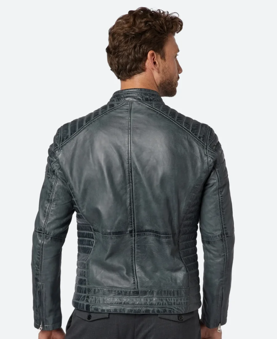 Classic Blue Leather Cafe Racer Jacket Back image