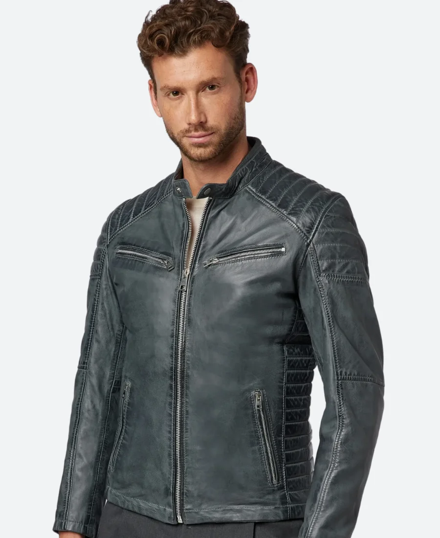 Classic Blue Leather Cafe Racer Jacket Front Image