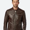 Classic Dark Brown Leather Cafe Racer Jacket Front Image