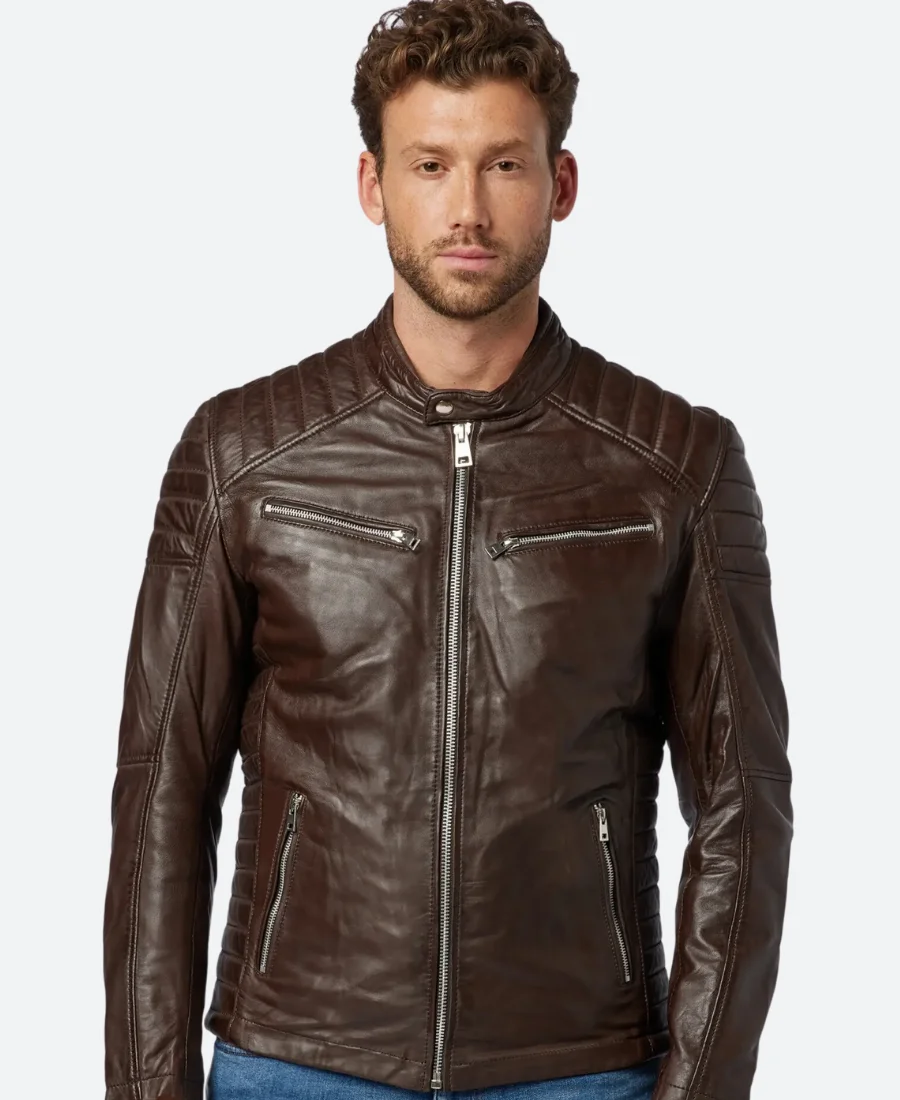 Classic Dark Brown Leather Cafe Racer Jacket Front Image