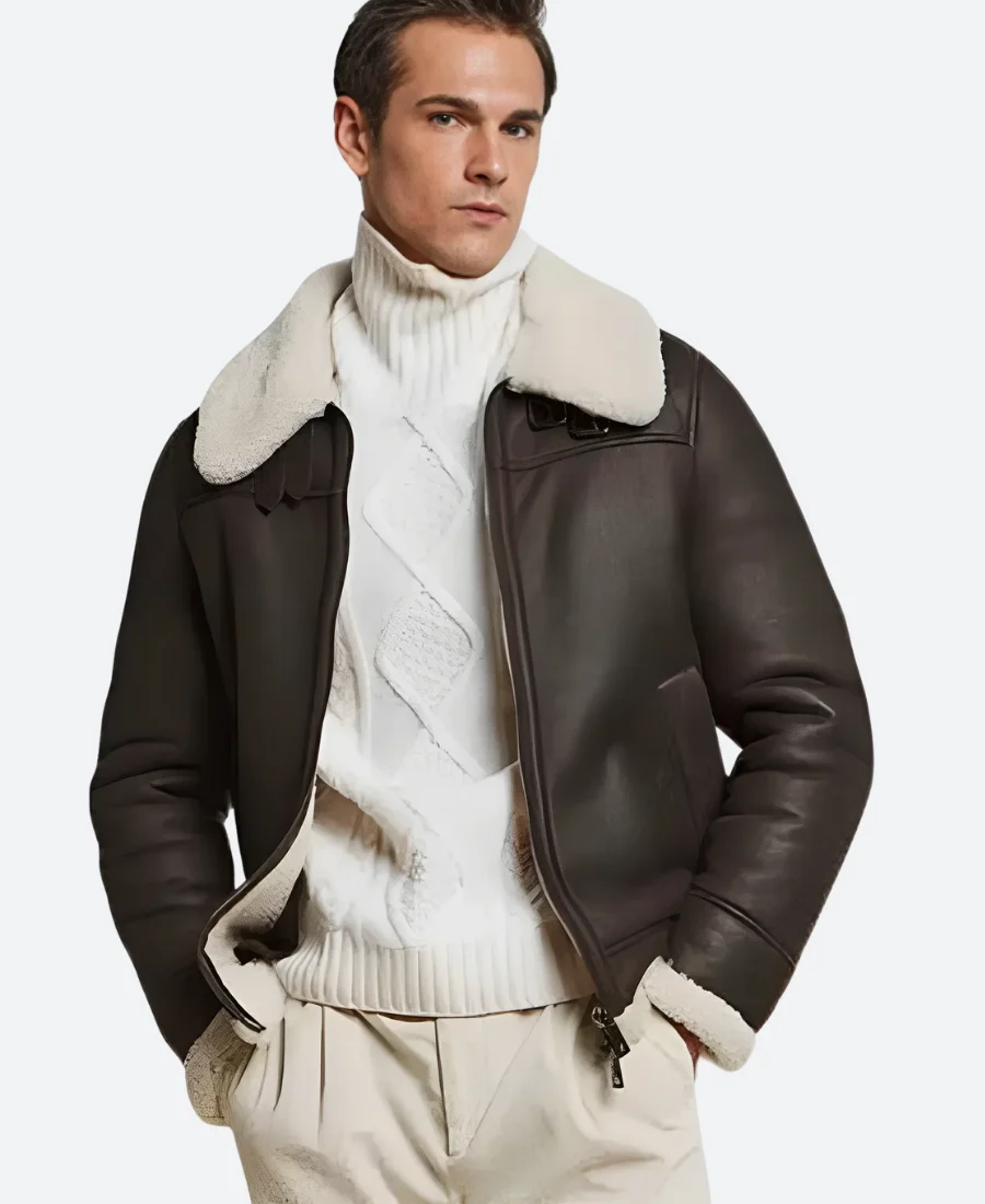 Classic Dark Brown Leather Shearling Aviator Jacket