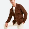 Classic Dark Brown Suede Leather Safari Jacket Front Image