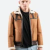 Classic Tan Brown Leather Shearling Aviator Jacket Front Image