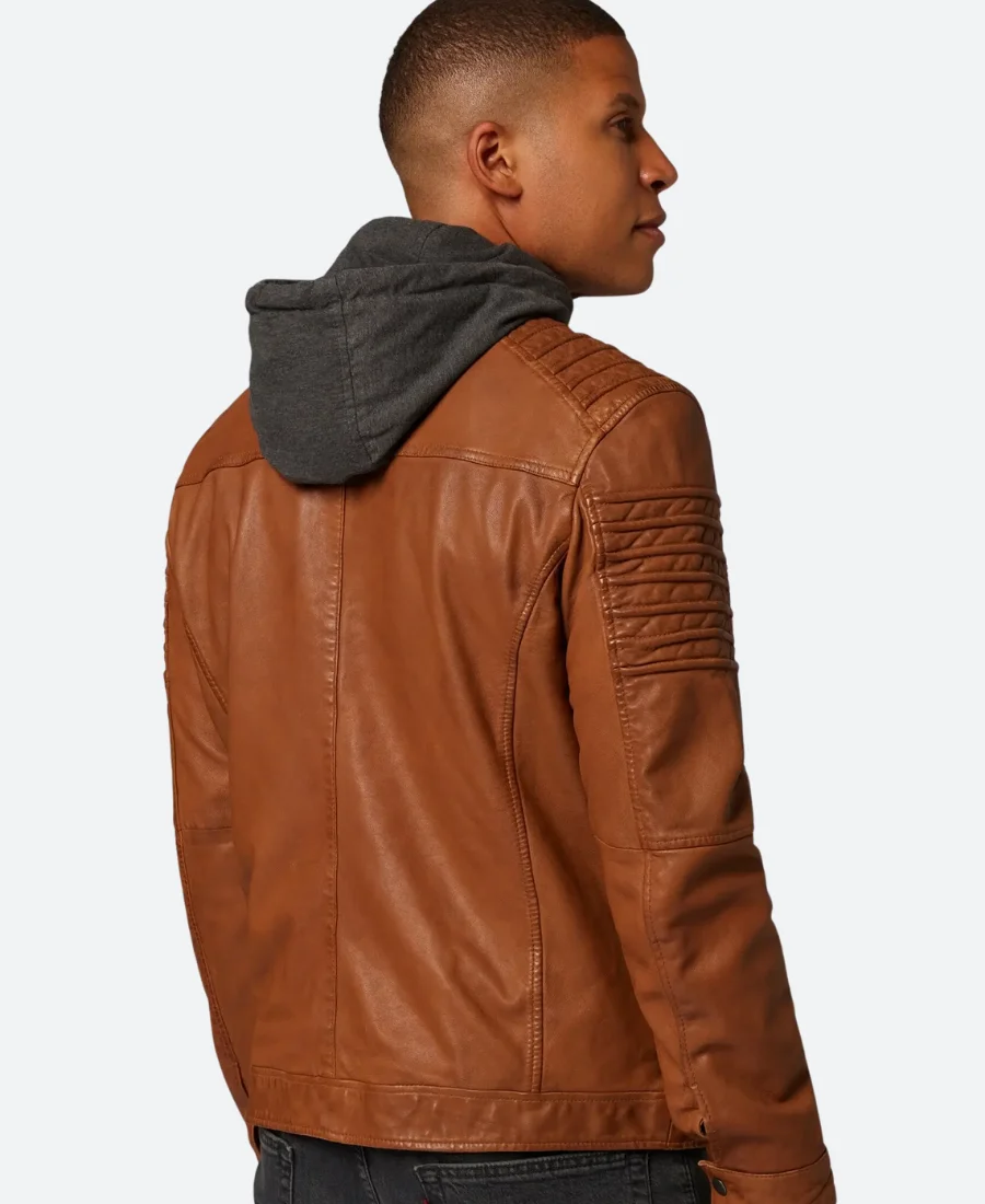 Classic Tan Hooded Leather Leather Jacket Back Image