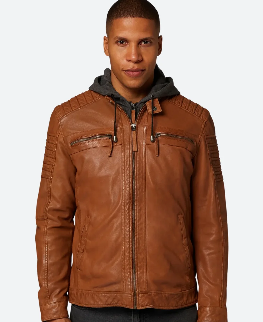 Classic Tan Hooded Leather Leather Jacket Front Image