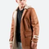 Classic Tan Leather Hooded Shearling Trench Coat Side Image