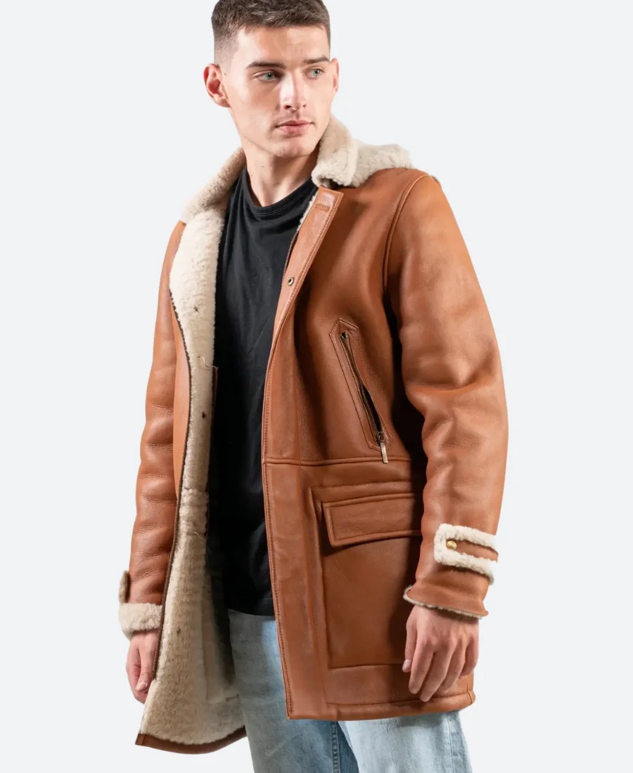 Classic Tan Leather Hooded Shearling Trench Coat Side Image