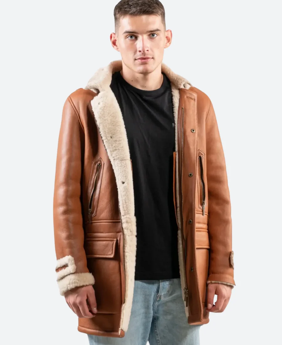 Classic Tan Leather Hooded Shearling Trench Coat front Image