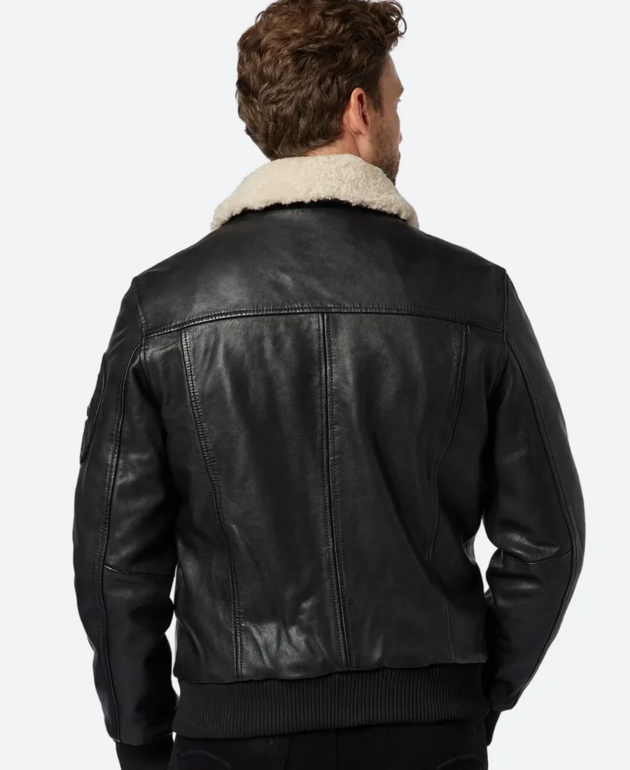 John Black Leather Bomber Jacket With Shearling Collar Back Image