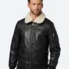John Black Leather Bomber Jacket With Shearling Collar Back Image