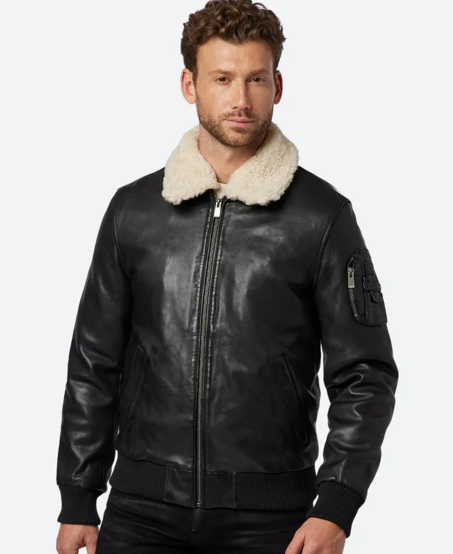 John Black Leather Bomber Jacket With Shearling Collar Back Image