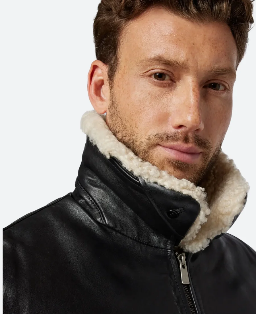 John Black Leather Bomber Jacket With Shearling Collar Zoom Image