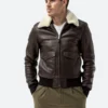 Levi Beige Brown Leather Bomber Jacket With Shearling Collar Front Image