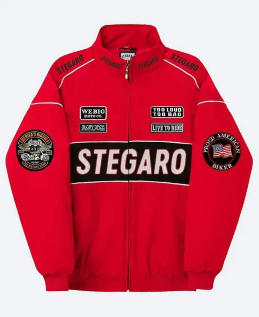 Stegaro Red Moto Bomber Jacket Front Image