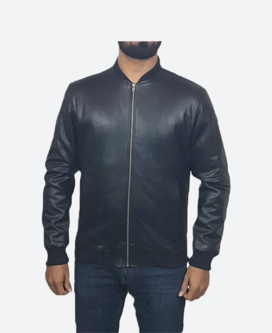 Black Biker Leather Jacket Front Image