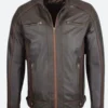Men’s Brown Leather Biker Jacket Front Image