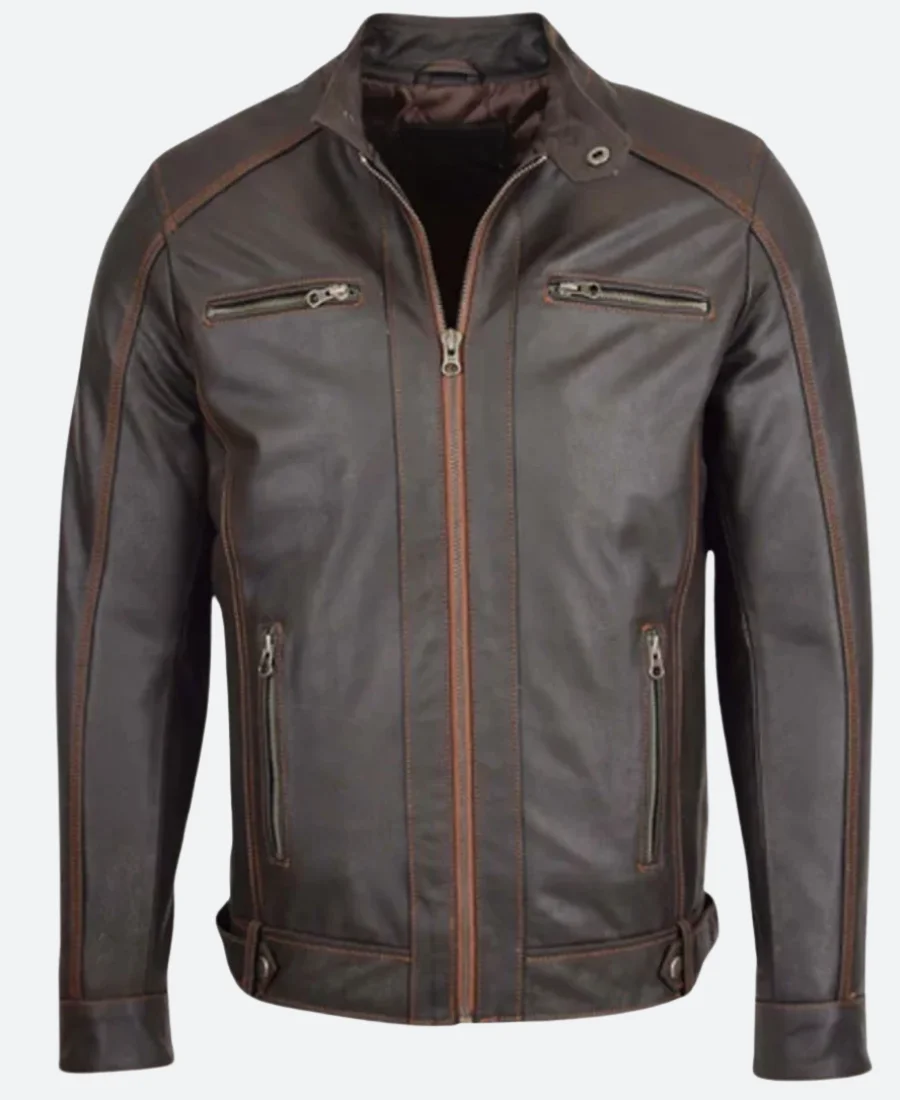 Men’s Brown Leather Biker Jacket Front Image