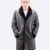 Stylish Black Leather Shearling Trench Coat Front Image