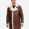 Stylish Dark Brown Leather Double Breasted Shearling Trench Coat Front Image